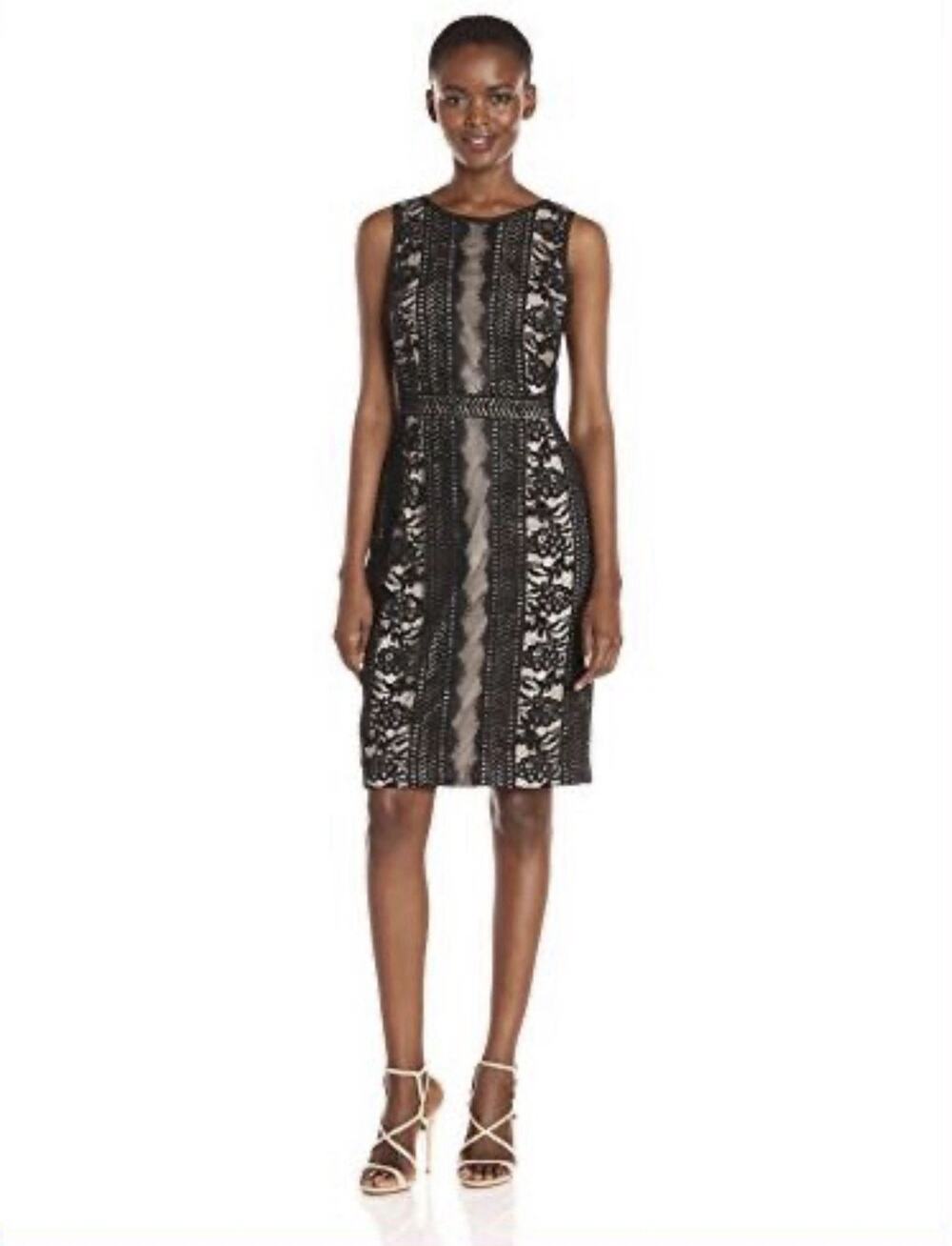 NWT Adrianna Papell Black Lace Sheath Dress 12 Nude Lining Cocktail Wedding
